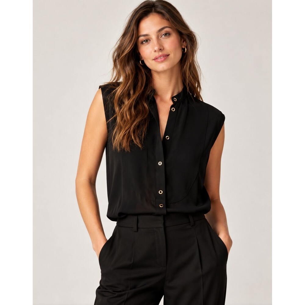 NWT J. Crew Jules Sleeveless Tuxedo Top Women’s Size 2 Black Gold Satin CQ191